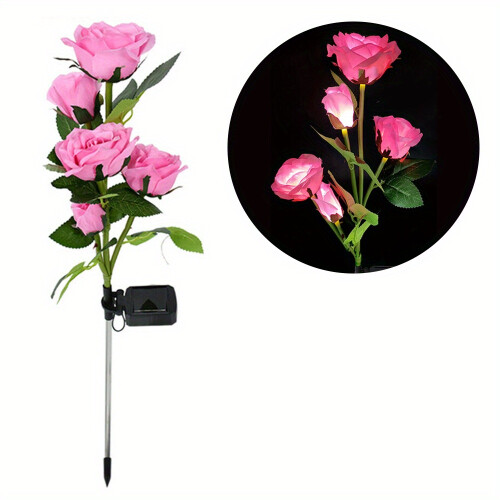 (pink) 5 Head LED Solar Rose Lights, Simulated Rose Flower Lamp on OnBuy