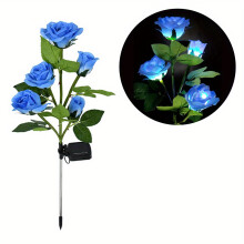 (Blue) 5 Head LED Solar Rose Lights, Simulated Rose Flower Lamp