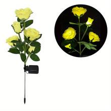 (Yellow) 5 Head LED Solar Rose Lights, Simulated Rose Flower Lamp