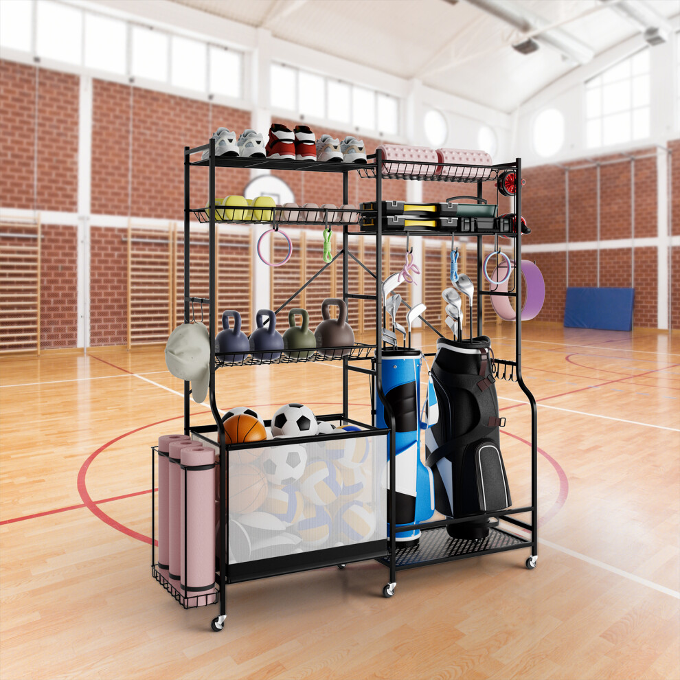 Golf Bag Ball Storage Rack on Wheels Yoga Mat Holder 5 Adjustable Shelves