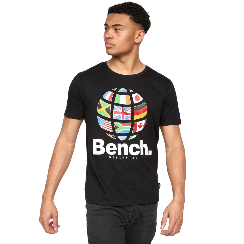 (Black - Worldwide, S) Bench Mens Graphic Print T-Shirt 100% Cotton Tee