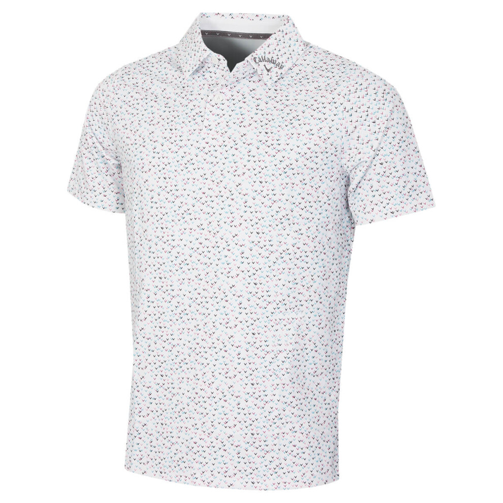 (M, Bright White) Callaway Golf Mens All Over Moisture Wicking Confetti Print Polo Shirt