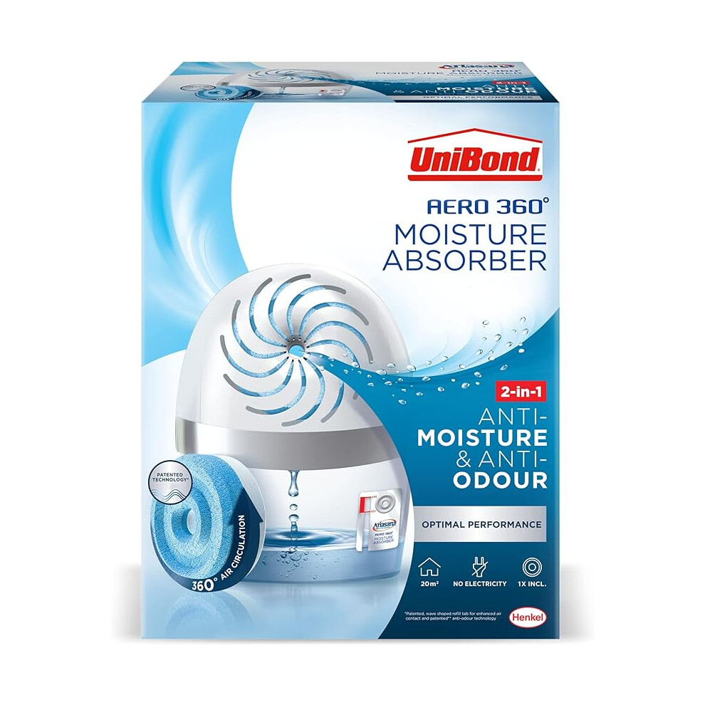 UniBond AERO 360º Moisture Absorber Ultra-Absorbent Dehumidifier Helps to Prevent Condensation Mould & Musty Smells 1 Device incl.1 Refill Tab 450g
