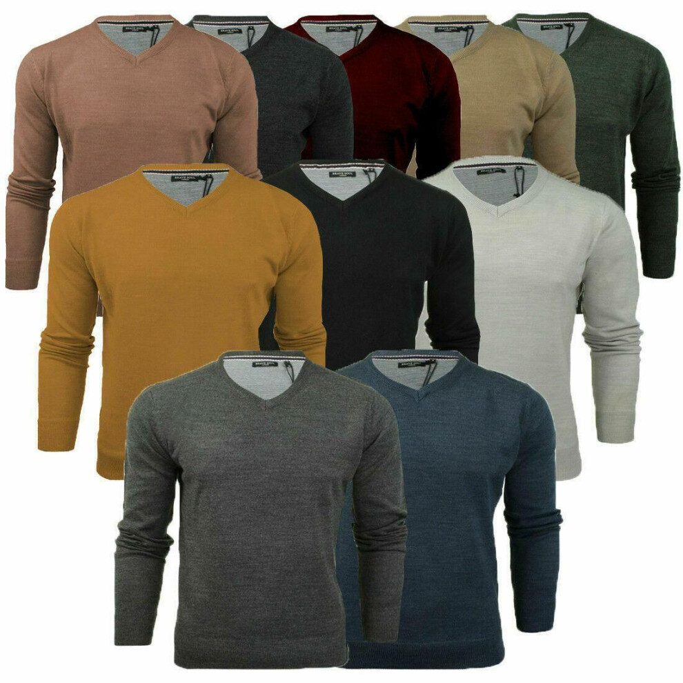 (Beige, S) Brave Soul Mens  V-Neck Light Knitted  Jumper Sweater Jersey Top