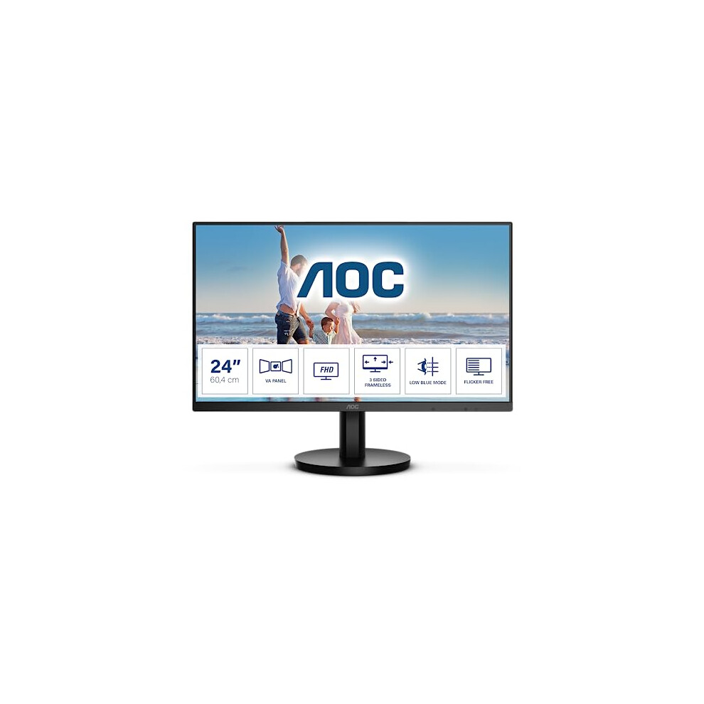 AOC 24B3HM - 24 Inch FHD Monitor, 75Hz, VA, 4ms, FreeSync, Low Blue light, Flicker Free, Frameless design (1920 x 1080 @ 75Hz, 250 cd/m, HDMI , VGA)