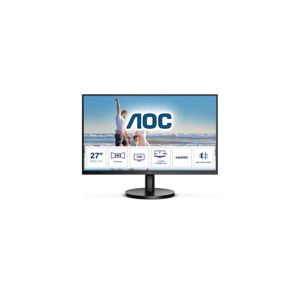 AOC 27B3HM - 27 Inch FHD Monitor, 75Hz, VA, 4ms, FreeSync, Low Blue light, Flicker Free, Frameless design (1920 x 1080 @ 75Hz, 250 cd/m, HDMI , VGA)