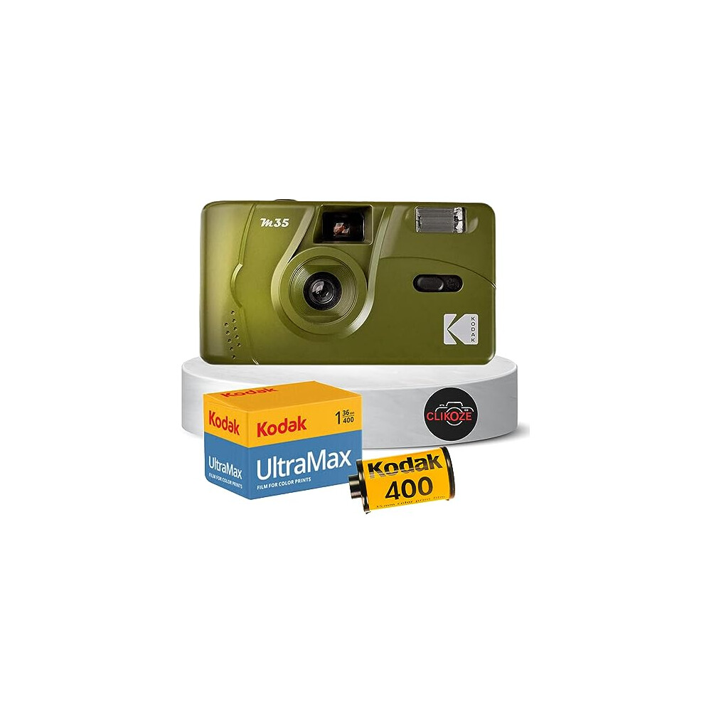 Reusable Film Camera Bundle includes Kodak M35 35mm Film Camera, Kodak 35mm film 36 exposures and Clikoze Tips Card (Olive) 
