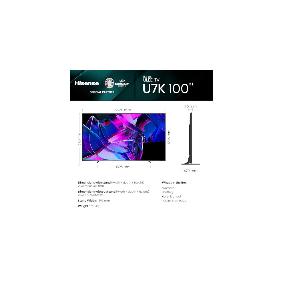 hisense-100-inch-144hz-uled-mini-led-smart-tv-100u7kqtuk---144hz-vrr--hdmi-2-1--quantum-dot-colour--dolby-vision-iq--vidaa-smart-tv--and-youtube