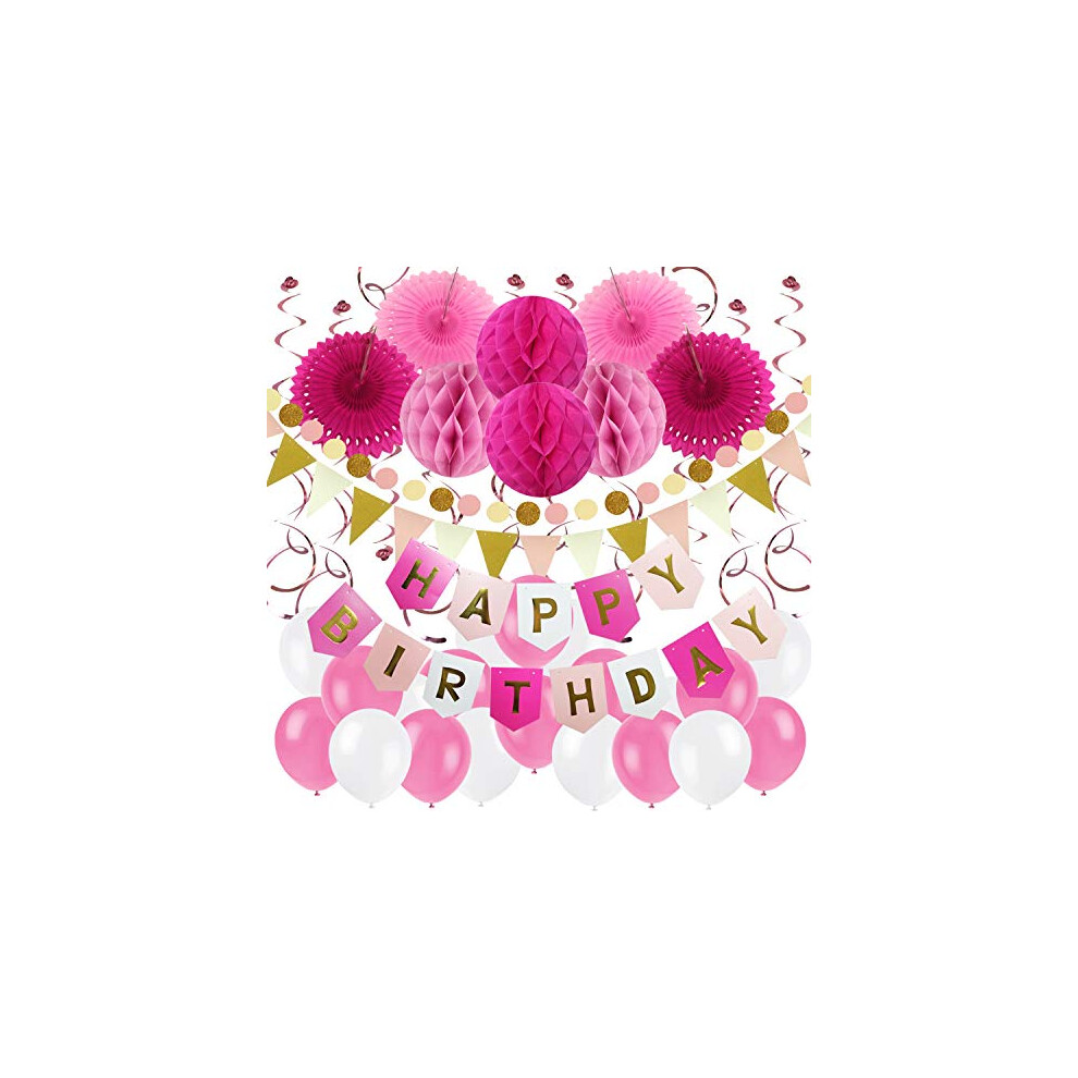 Zerodeco Birthday Party Decoration, Happy Birthday Banner With Paper Fans, Honeycomb Balls, Triangular Pennants, Circle Paper Garland, Hanging Swirls