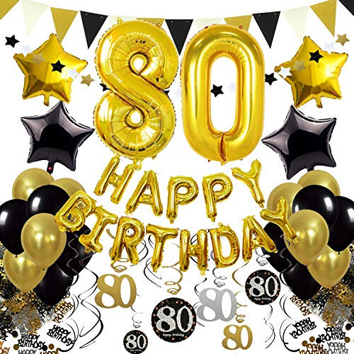 Zerodeco 80th Birthday Decorations Black Gold Happy Birthday Balloons