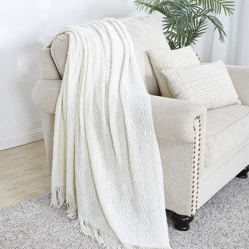 BOURINA Textured Solid Soft Sofa Throw Couch Cover Knitted Decorative Blanket, White, 127x152cm 2