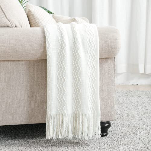 BOURINA Textured Solid Soft Sofa Throw Couch Cover Knitted Decorative Blanket, White, 127x152cm 1