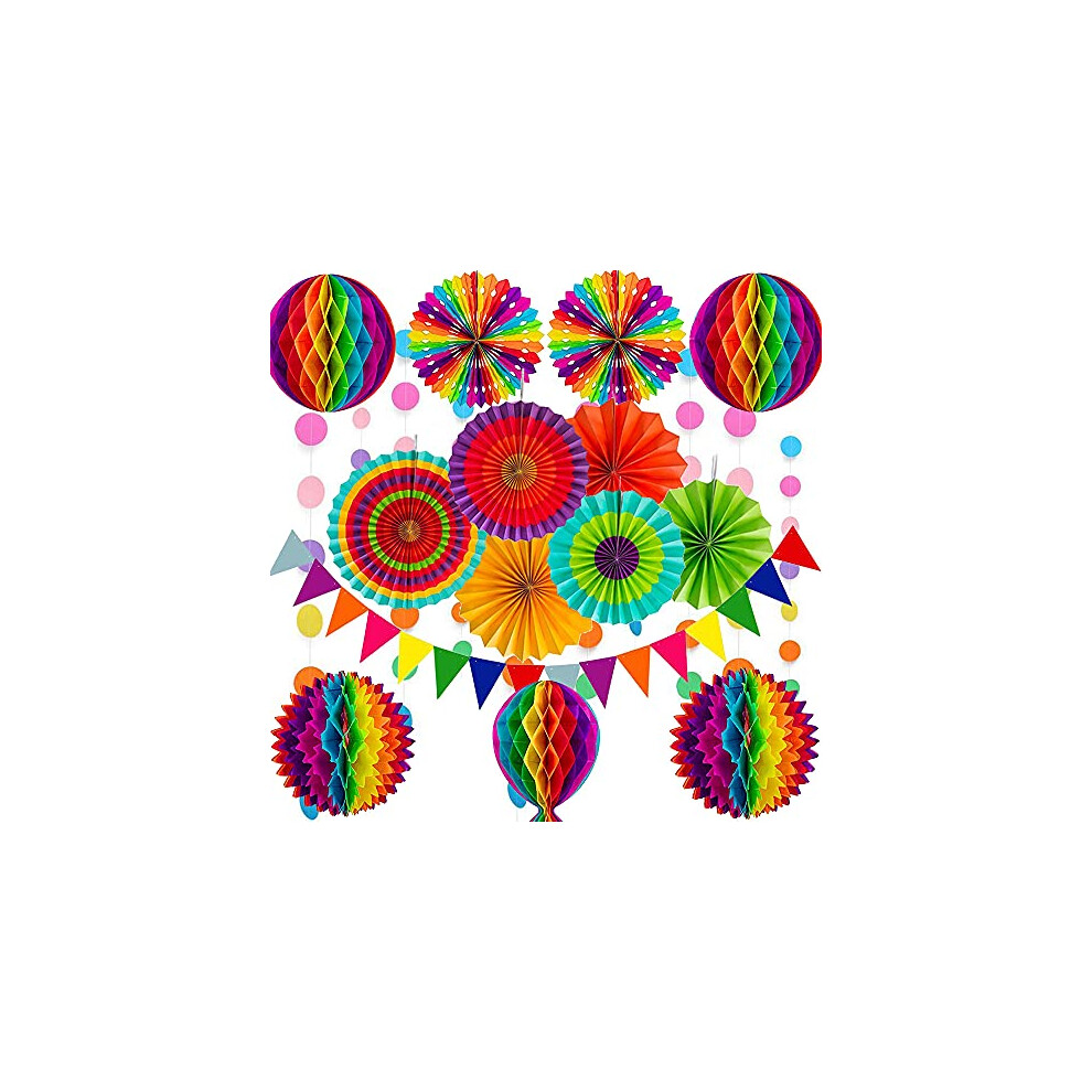 Cojoy Multicolor Party Decoration Set, Rainbow Color Paper Fans Honeycomb Paper Banner Pom Pom Flowers Polka Dot String for Birthday, Wedding, Fiesta