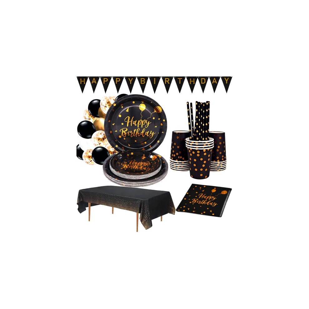 Black and Gold Party Supplies - Birthday Party Cutlery Black and Gold Birthday Plate Set Includes Plates Cups Straws Napkins Tablecloths & More - For