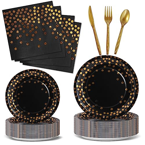 Nkaiso Party Tableware 144 Pieces Black Gold Kids Birthday Party Plates ...