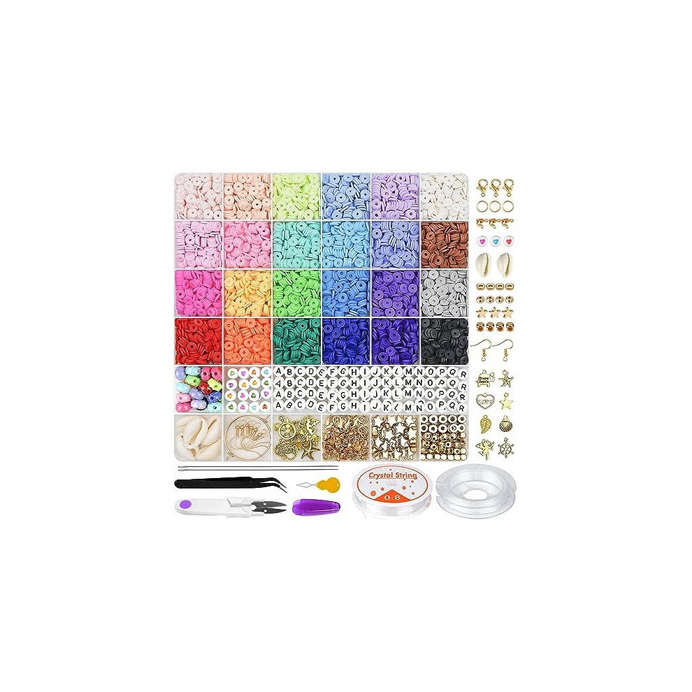 6000 Pcs Clay Beads for Jewelry Making, 24 Colors Flat Round Polymer Clay Beads 6mm Spacer Heishi Beads with Pendant Charms Kit and Elastic Strings