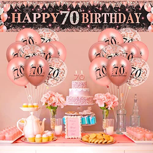 Rumia Rose Gold 70th Birthday Decorations Rose Gold Black Happy 70th