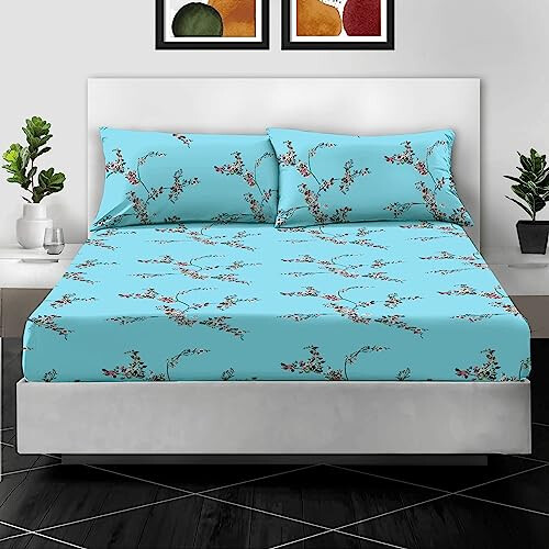 RAYBedding Printed Double Fitted Sheet 100% Egyptian Cotton Exotic Lilac Floral Pattern 400 Thread Count 30cm/14? Extra Deep Fitted Double Bed Sheets
