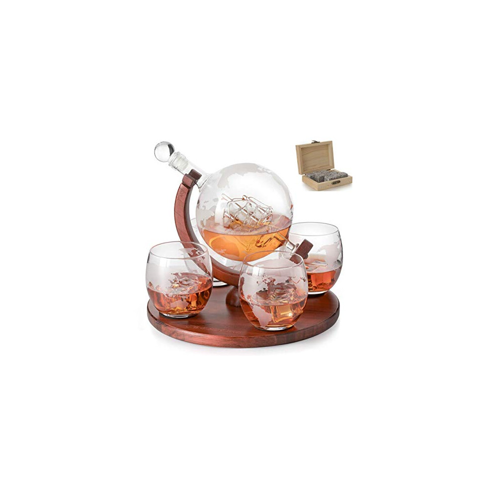 Etched World Decanter Whiskey Globe - The Wine Savant Whiskey Gift Set Globe Decanter with Antique Ship, Whiskey Stones and 4 World Map Glasses, Great 