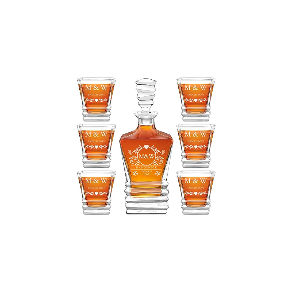 Maverton Engraved Whisky Tasting Set - for Couple - Crystal Carafe and 6 Glasses - Barware for Connoisseur - Geometric Whiskey Decanter and Glasses 