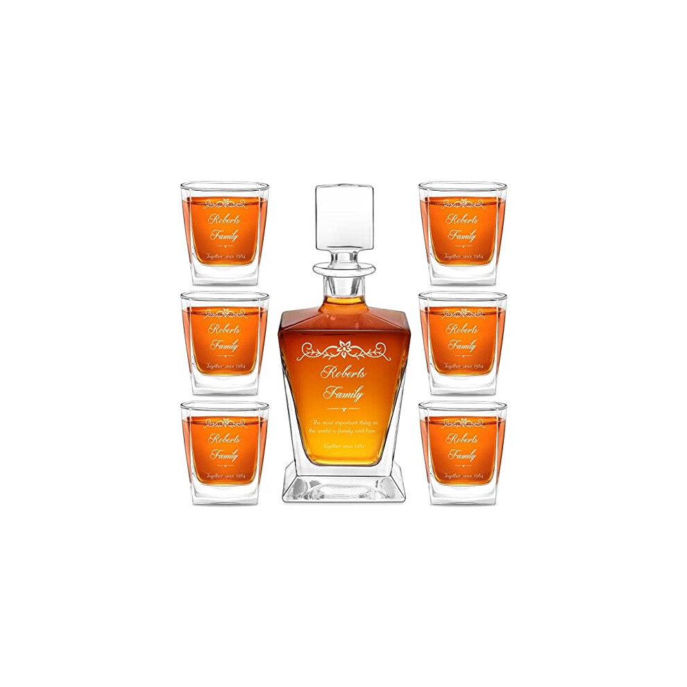 Maverton Geometric Whiskey Set for Couples - Personalized Elegant Beverage Set for Wedding - Whiskey Carafe with 6 Glasses - Engraved Decanter and 