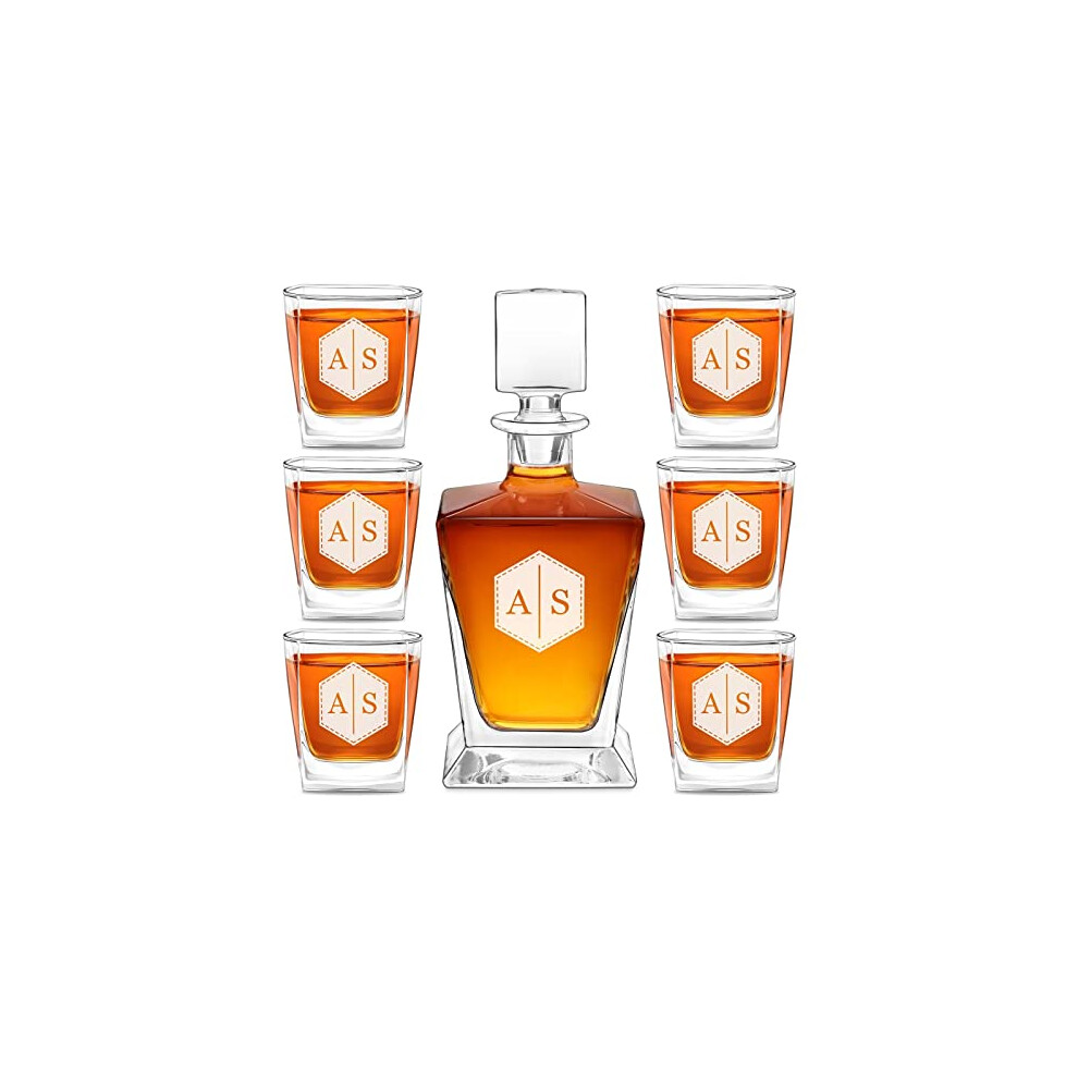 Maverton Geometric Whiskey Set for Couples - Personalized Elegant Beverage Set for Wedding - Whiskey Carafe with 6 Glasses - Engraved Decanter and 