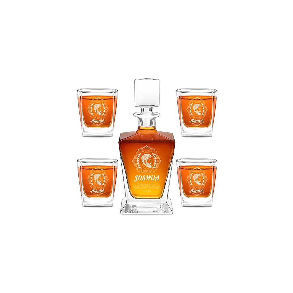 Maverton Carafe and 4 Glasses for Man - Elegant Decanter and Glasses with Engraving for him - Geometric Whiskey Set - Personalised Barware for 