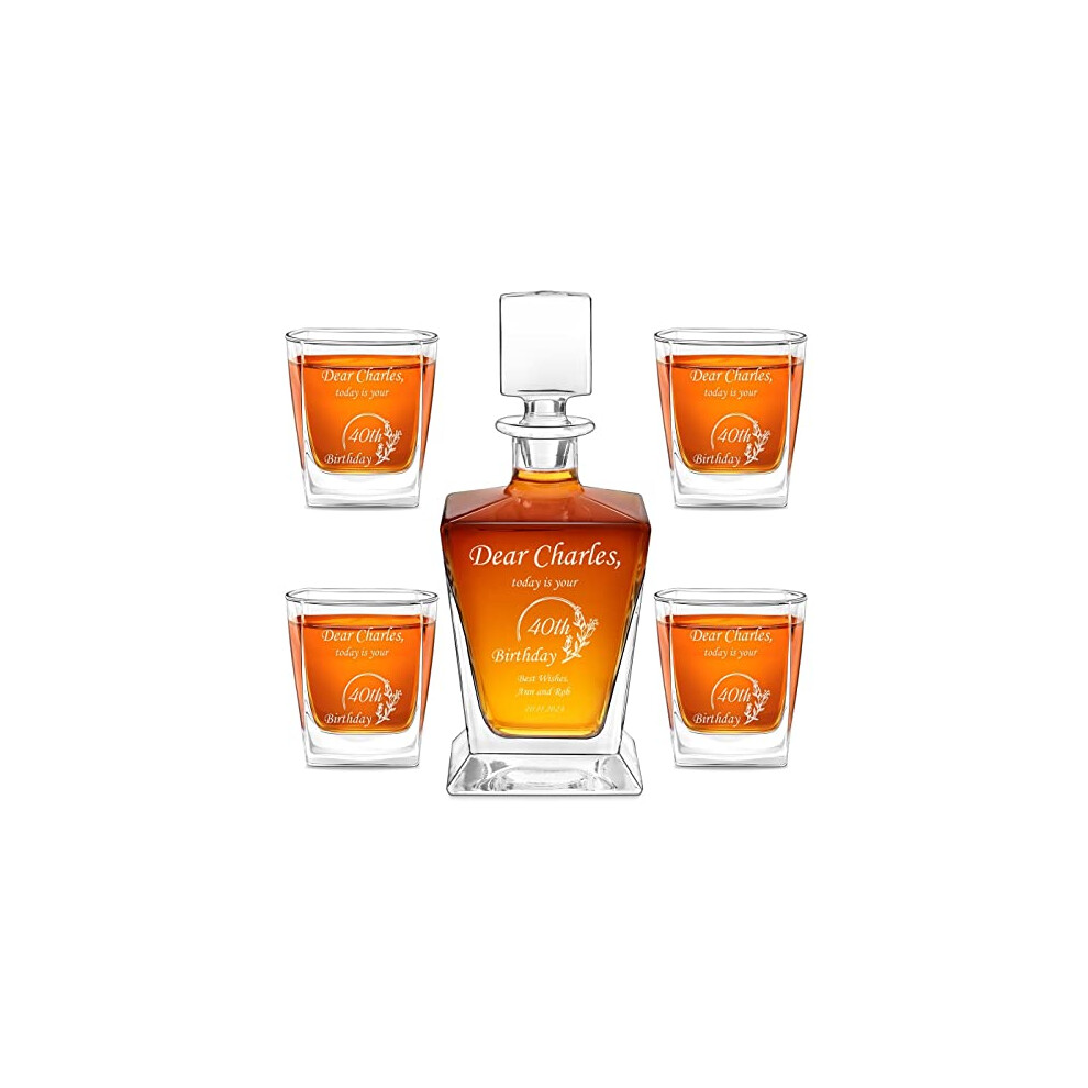 Maverton Carafe and 4 Glasses for Man - Elegant Decanter and Glasses with Engraving for him - Geometric Whiskey Set - Personalised Barware for 