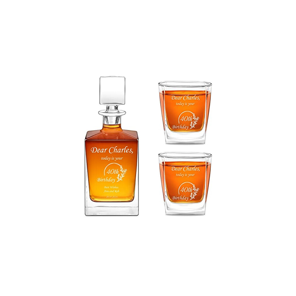 Maverton Geometric Whiskey Decanter and Glasses with Engraving - Symmetrical Carafe for him - 2 Customised Glasses for Man - Stylish Barware for 