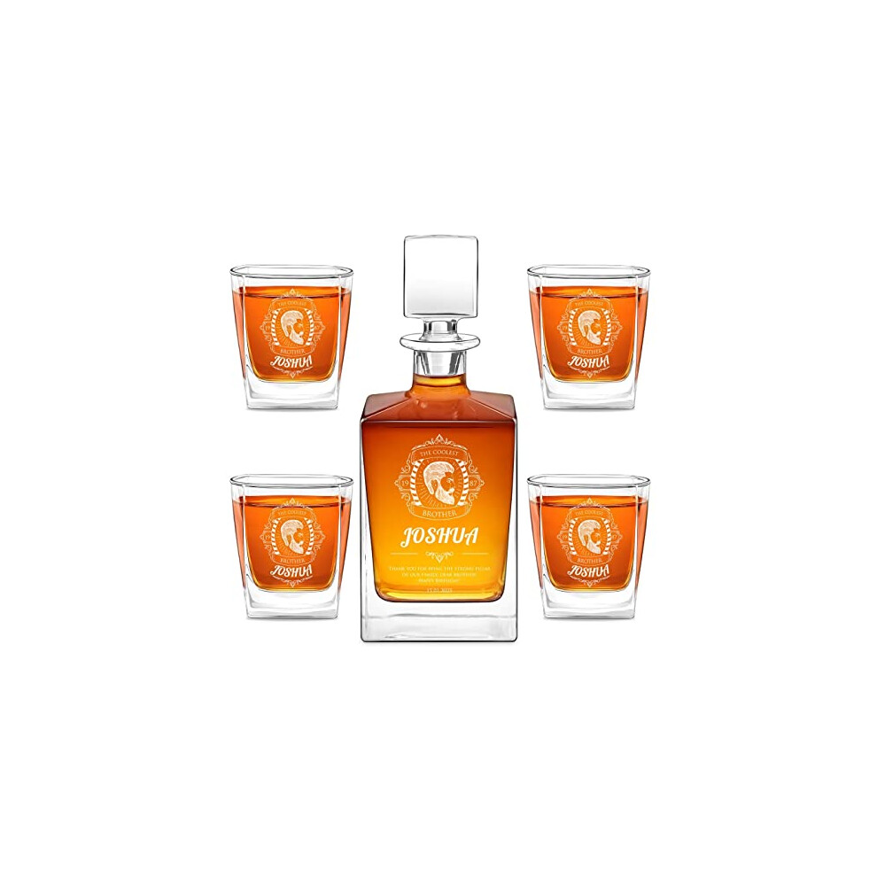 Maverton Geometric Whiskey Decanter and Glasses with Engraving - Symmetrical Carafe for him - 4 Customised Glasses for Man - Stylish Barware for 
