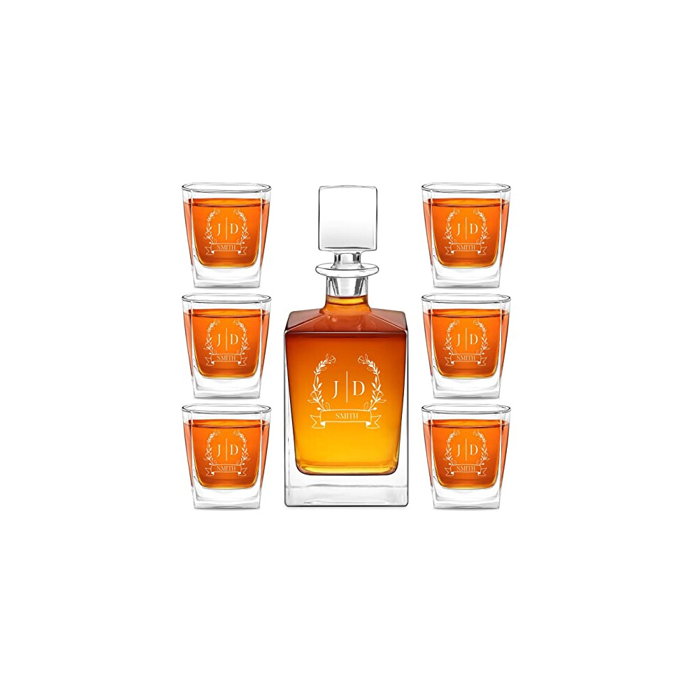 Maverton Engraved Whiskey Decanter Set for Couples - Personalized Elegant Beverage Dispenser for Anniversary - 6 Whisky Glasses with Engraving - 