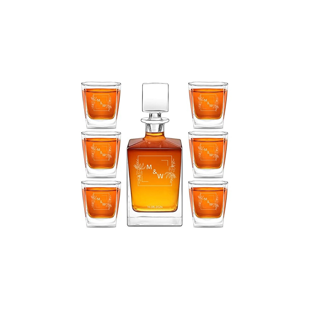 Maverton Engraved Whiskey Decanter Set for Couples - Personalized Elegant Beverage Dispenser for Anniversary - 6 Whisky Glasses with Engraving - 