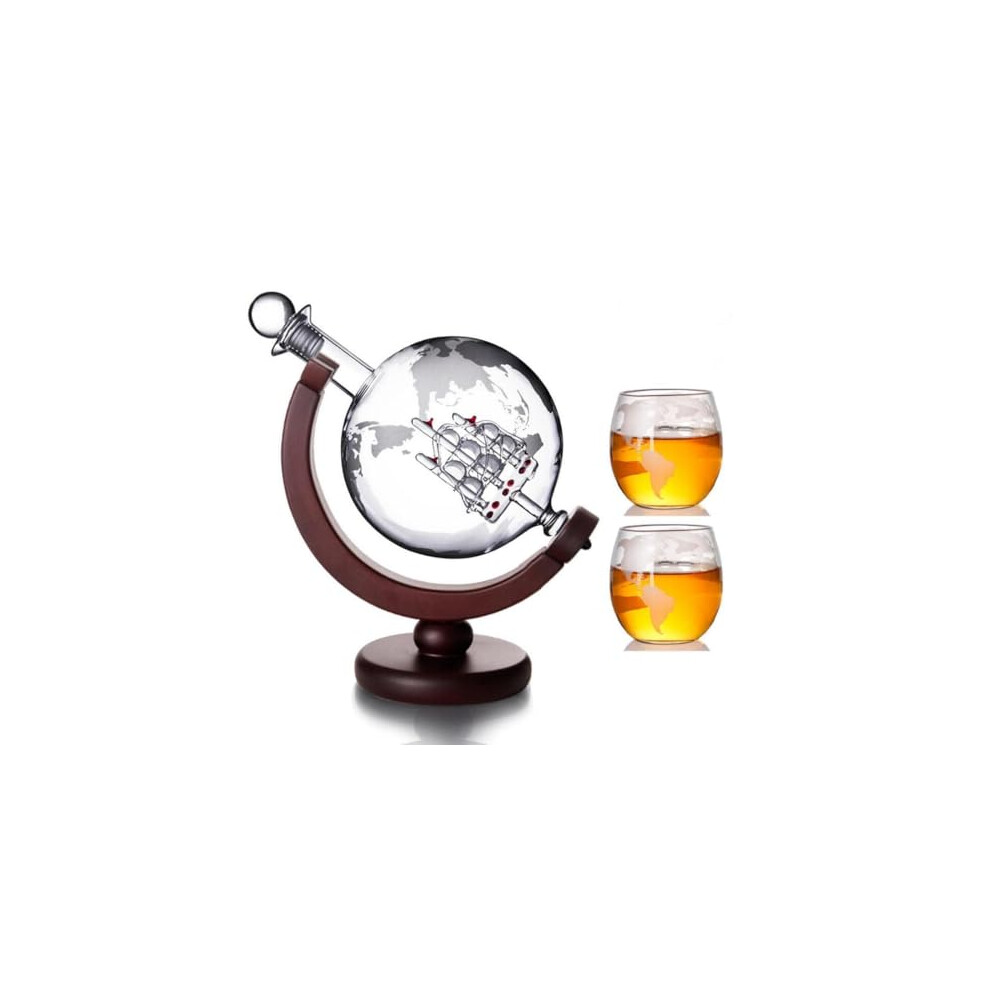 Whiskey Globe Decanter with Glasses Set, Whiskey Carafe Set with 1 Decanter and 2 Glasses, Globe Decanter with Ship for Whiskey, Scotch, Vodka Gift 