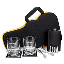 Froster Guitar Whisky Set ? Who Cares, Whiskey Glasses Set of 2, Hip Flask, 4 Whiskey Stones, 2 Glass Coasters, Tongs, Whiskey Gift Set for Men
