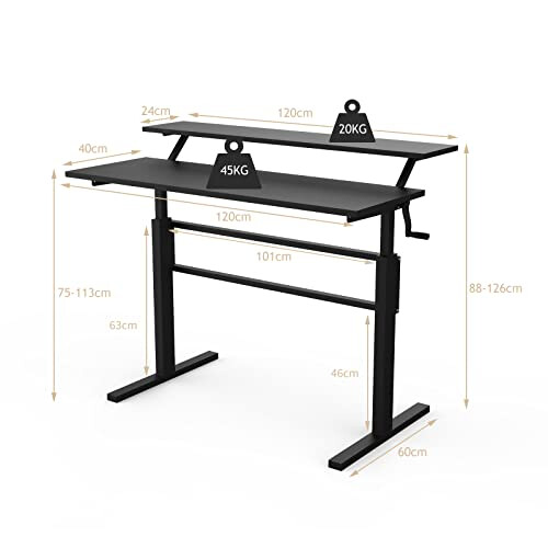 SFAREST Height Adjustable Standing Desk, Sit Stand Computer Table with Crank Handle, Study Writing PC Workstation for Home Office (Black) 1