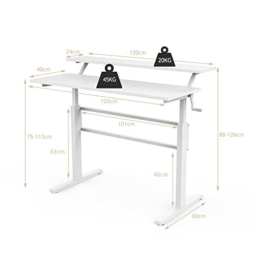 SFAREST Height Adjustable Standing Desk, Sit Stand Computer Table with Crank Handle, Study Writing PC Workstation for Home Office (White) 1