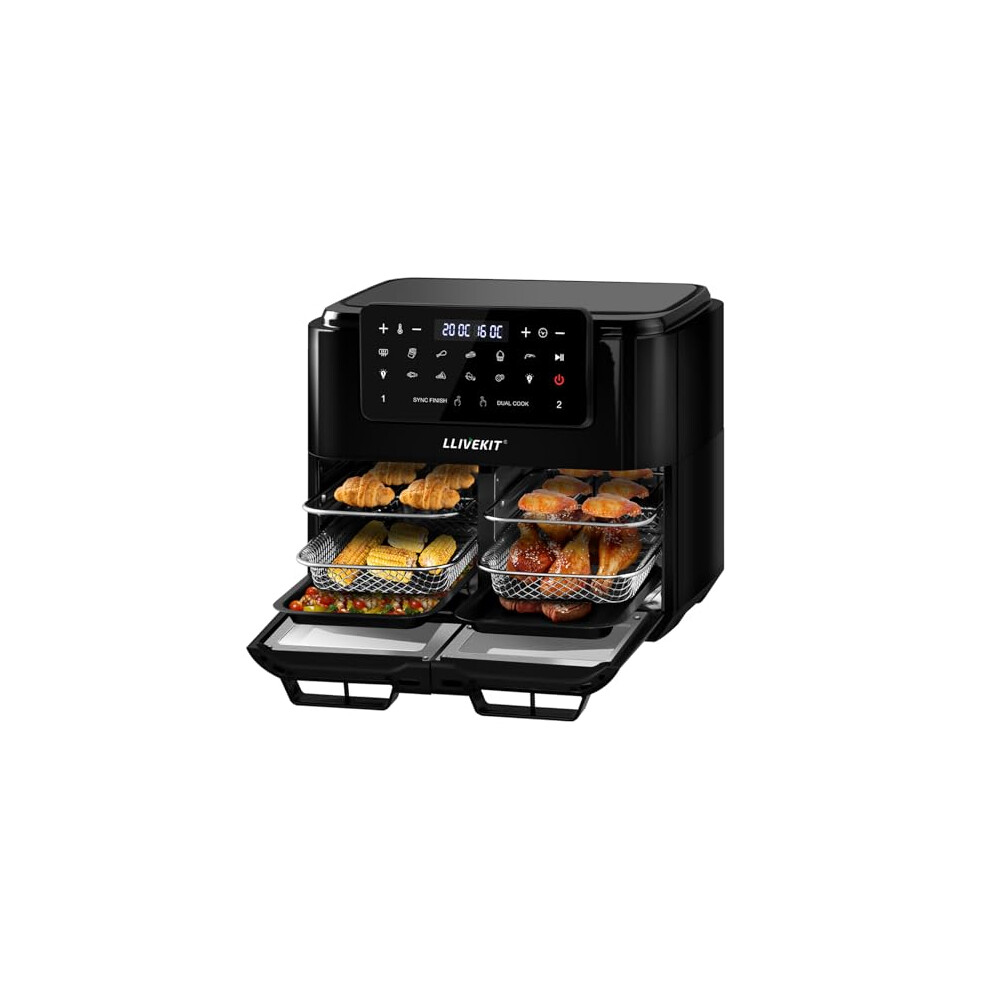 LLIVEKIT Dual Zone Air Fryer 12L, with Removable Divider for 5.5L Dual Cooking, Large Air Fryer Oven for Family, SYNC FINISH & DUAL COOK, 10 Cooking