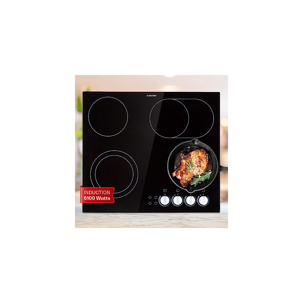 Klarstein Ceramic Hob, 6100W Electric Hob Ceramic Cooker, 4 Ring Electric Pan Hob, Built-In Table Top Cookers w/ 4 Hobs, Stainless Steel Ceramic