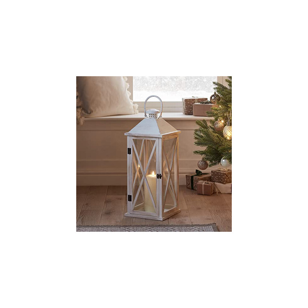 Lights4fun Large Wooden Battery Operated Led Truglow? Candle Lantern With Handle 59Cm White