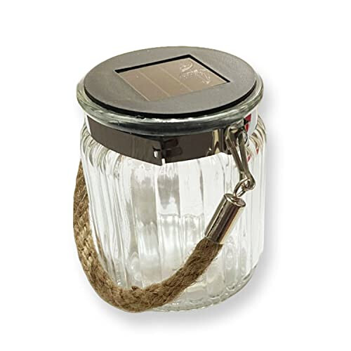 Gem Imports Solar Powered Ribbed Glass Jar Rope Handle Outdoor Garden