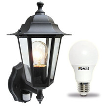 Dependable Trading LTD Traditional 6 sided garden/porch outdoor coach wall lantern IP44 (Black 6 Sided + Motion Sensor + LED)