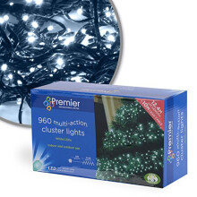 12. 960 Bright White Multi Action Cluster Christmas Lights - Green Cable - Indoor and Outdoor by Premier