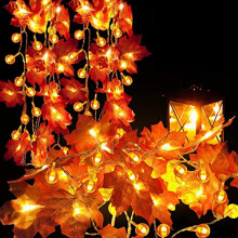 SaiDeng 10Ft Fall Decor Garland with20 Led Solar String Lights,Thanksgiving Halloween Maple Leaves Pumpkin Decorative Garland Lights For Autumn