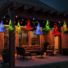 8 PCS Hanging Witch Hat with Remote Battery Operated String Lights, Outdoor Waterproof Halloween Decoration Lights, Lighted Spider Hats for Front