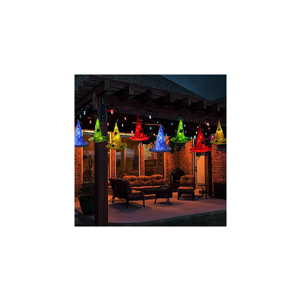 8 PCS Hanging Witch Hat with Remote Battery Operated String Lights, Outdoor Waterproof Halloween Decoration Lights, Lighted Spider Hats for Front