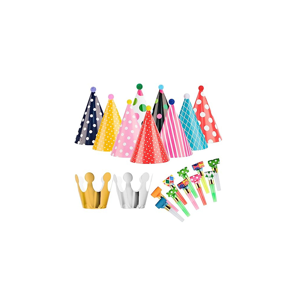 11PCS Party Hats, Birthday Party Cone Hats Pom Poms and Crowns, 10pcs Party Blowouts, Paper Party Hats and Blowouts Set for Boys Gilrs Birthday Dress