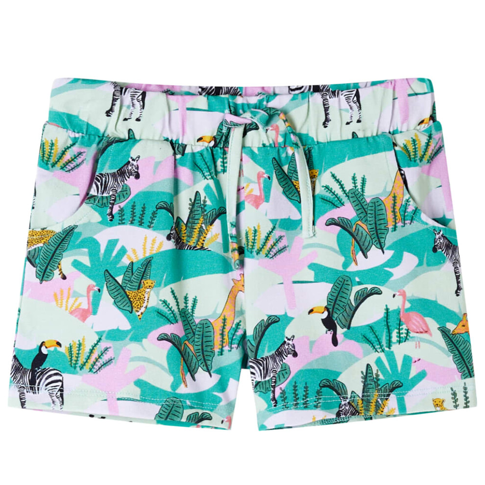 (104) Kids' Shorts with Drawstring Toddler Pants Animals and Plants Print Light Mint