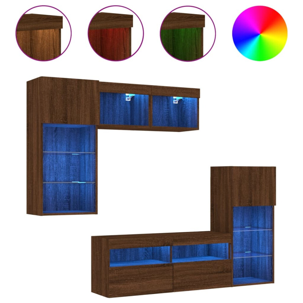 (brown oak) vidaXL TV Wall Units 5 Piece with LED Floating TV Wall Unit Engineered Wood