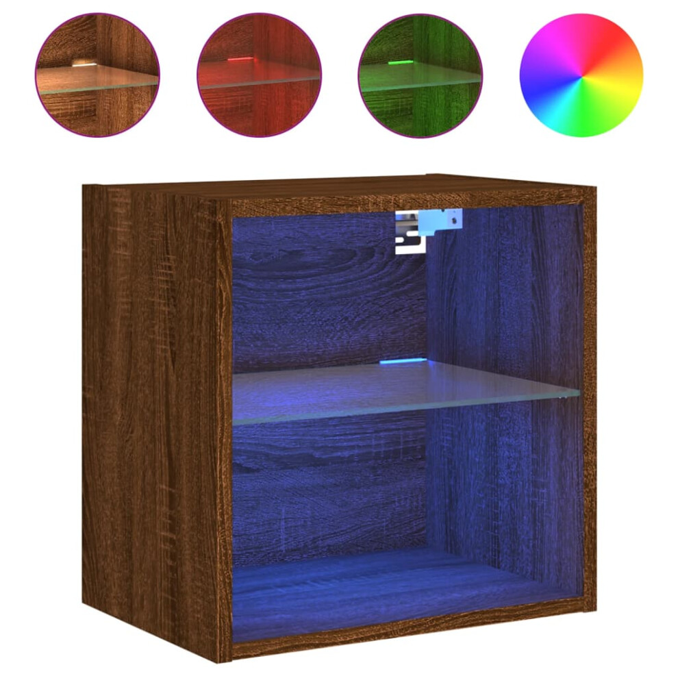 Vidaxl Bedside Cabinet With Led Lights Wall-Mounted Nightstand Table Brown Oak