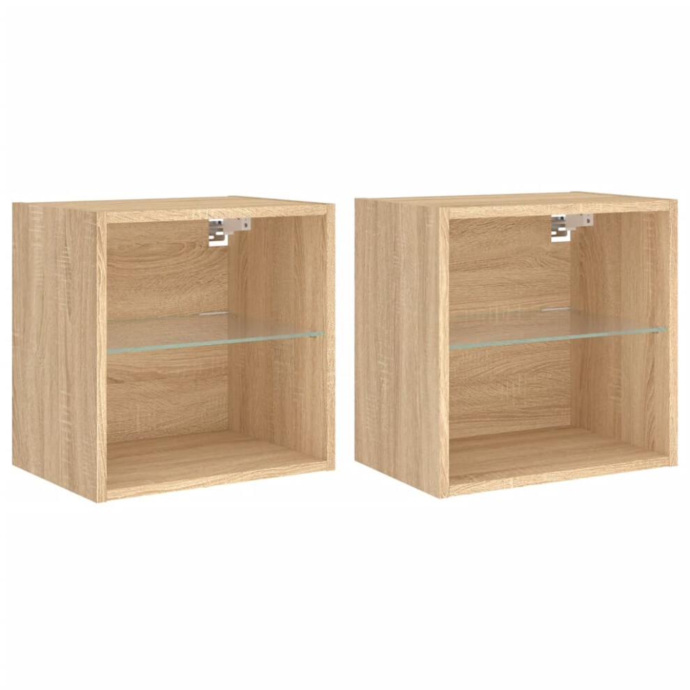 vidaXL Bedside Cabinets with LED Lights Wall-mounted Cabinet 2 pcs Sonoma Oak